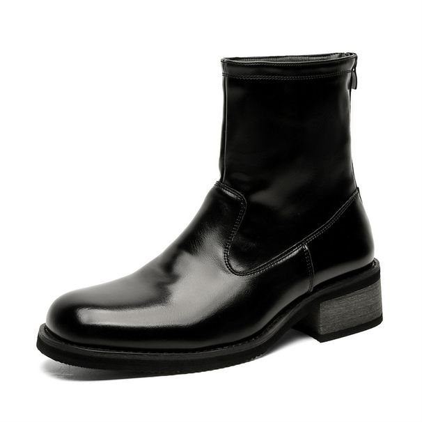 Retro Tooling Boots Square Head Thick Sole Heightened Rear Zipper Thick Heel Thin Boots Short Boots_vogvips.com