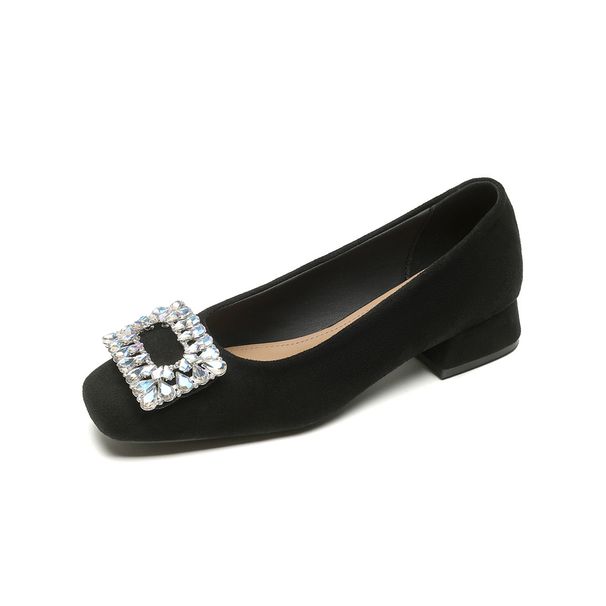 French Square Head Single Shoes Women's Thick Heel Spring Rhinestone Shallow Mouth High Heels_vogvips.com