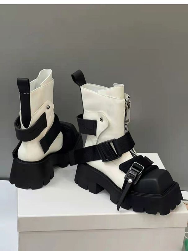 Womens White Black Platform Combat Square Toe Buckle Strap Side Zipper Chunky Heel Ankle Boots For Non Slip Streetwear_vogvips.com