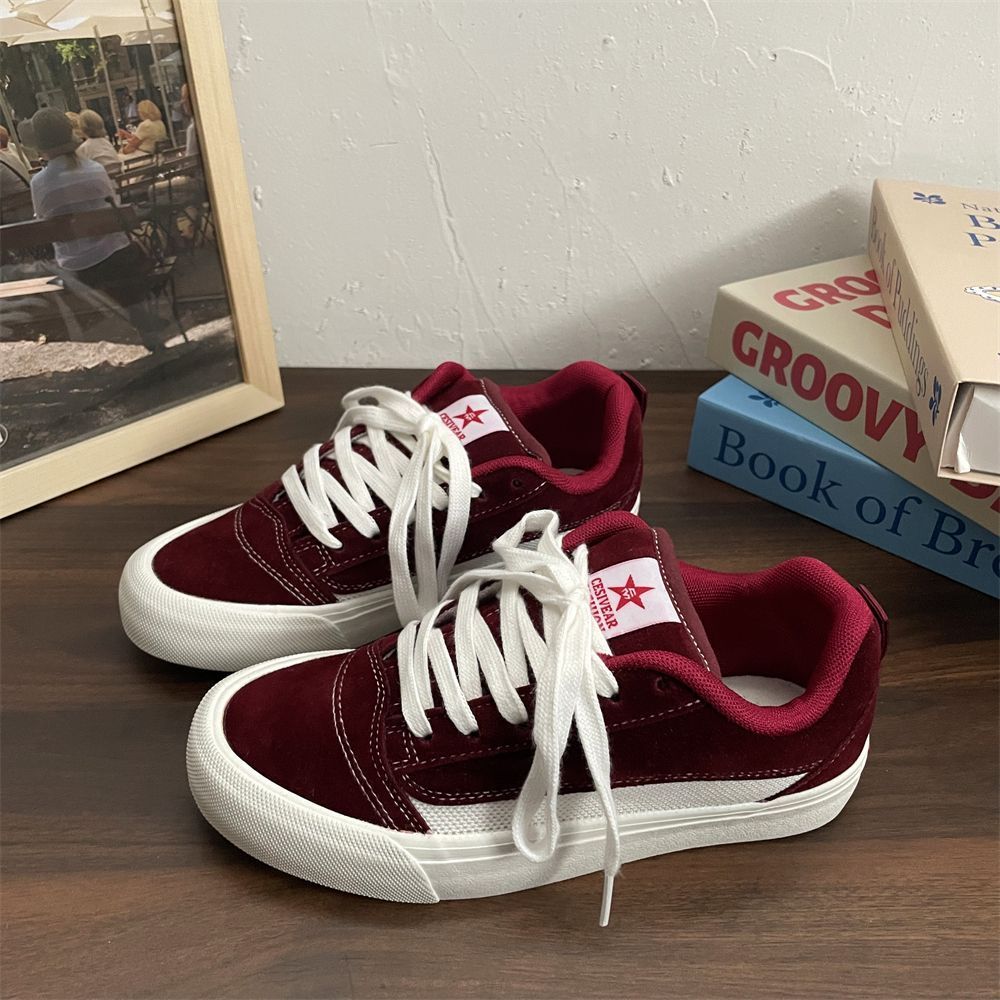 Xiaoyoutao Stylish Burgundy Loafers Women, Versatile 2025 Autumn New Casual Skateboard Shoes For Men, Ins Style_vogvips.com