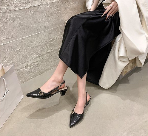 Chunky-heeled Shallow-toe Closed-toe Sandals Open Back For Women, New Spring-summer Korean Style Pointed-toe Mid-heel To_vogvips.com