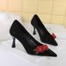 3767-AH85 Pointed Toe Stiletto Heels For Women, Suede Shallow Mouth Versatile Rose Flower Elegant Black High Heel Pumps_vogvips.com
