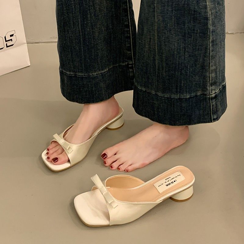French Style Gentle Fairy One-Strap Sandals For Women Summer Outdoor New Bowknot Chunky High Heel Slippers_vogvips.com