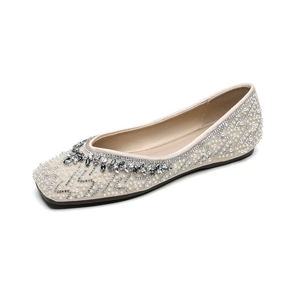 Square Head Single Shoes Female Shallow Mouth Rhinestone Wedding Shoes Flat-soled Fairy With Skirt Ladyshoes Soft Sole_vogvips.com