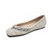 Square Head Single Shoes Female Shallow Mouth Rhinestone Wedding Shoes Flat-soled Fairy With Skirt Ladyshoes Soft Sole_vogvips.com