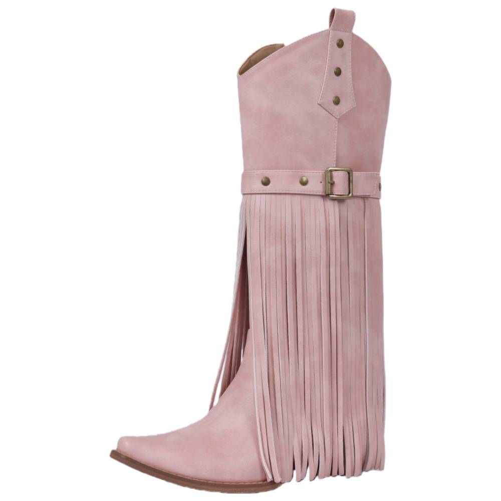Women‘S Riding Western Knee High Boots Pointed Toe Chunky Heel Buckle Fringe Fashion Music Festival Boots For Girls_vogvips.com
