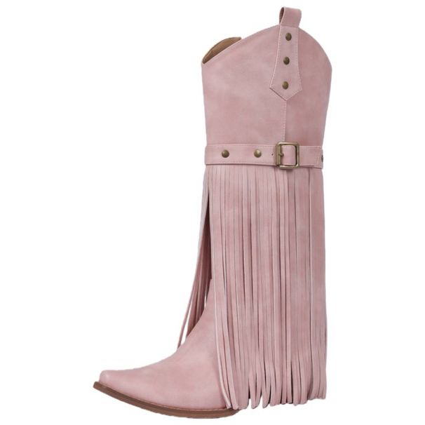 Women‘S Riding Western Knee High Boots Pointed Toe Chunky Heel Buckle Fringe Fashion Music Festival Boots For Girls_vogvips.com