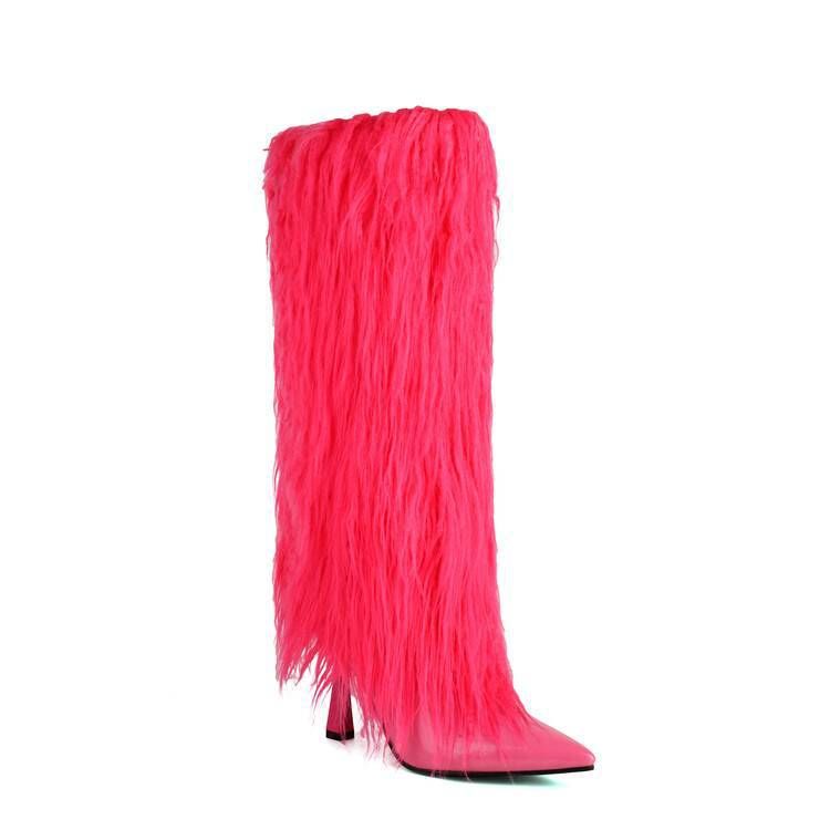 Women's Pointed Toe Stiletto Heel Suede Fringe Boots Fashion High Boots For Fall Winter Autumn And Winter Fashion Boots, Slip On Long Boots._vogvips.com