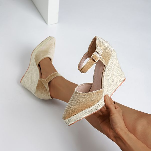 Women's Pointed Wedge Heel Platform Sandals Hollow Design Straw Rope Sole Cross-Over Shoe High Heel_vogvips.com