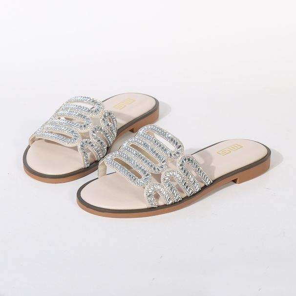 Women's Shoes Plus Size Summer New Style, Versatile, Flat Beach Shoes, Fashionable, Non Slip, Square Toe, Rhinestone Flip Flops_vogvips.com