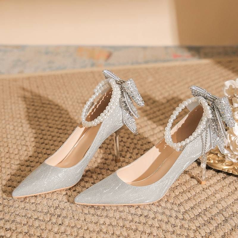 Women's Shoes Ointed-Toe High Heels With Bow Detail - Glitter Upper, Low Heel (1-3cm), Comfortable For Daily Wear, Sizes 34-40_vogvips.com