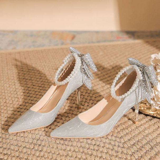 Women's Shoes Ointed-Toe High Heels With Bow Detail - Glitter Upper, Low Heel (1-3cm), Comfortable For Daily Wear, Sizes 34-40_vogvips.com