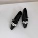 Sheepskin Version High Heeled Flat Slip On Ballet Shoes For Women With Square Toe And Shallow Mouth, One Piece Buckle And Flower Shoes_vogvips.com