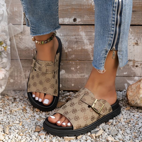 Plus Size Women's Flat Slide Sandals With Buckle Strap Thick Sole Roman Style Summer Casual Footwear Slip On, Buckle, Roman Sandals._vogvips.com