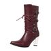 Women's Fashion Boots With Embroidery - Chunky Heel Mid-Calf Leather Boots For Fall/Winter - Side Zipper Closure, Pointed Toe, Black & Burgundy_vogvips.com