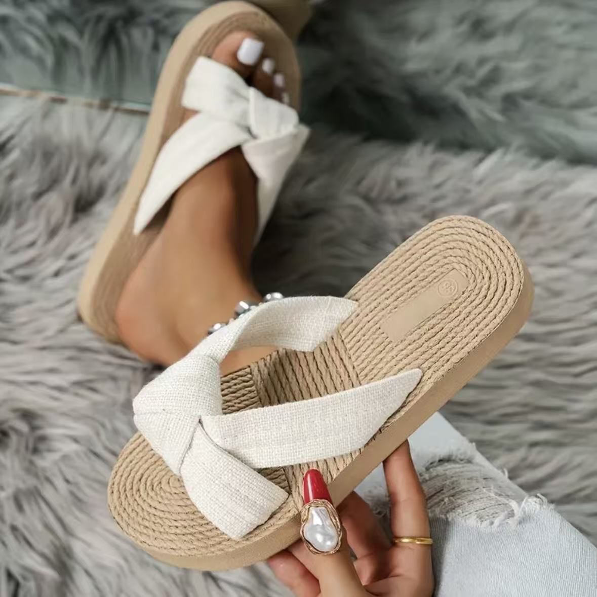 New Flat-soled Sandals Women's Outer Wear Summer Versatile Beach Shoes Heightening Non-slip Sandals Bow_vogvips.com