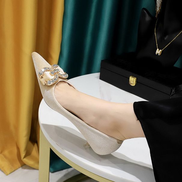 Women's Shoes Elegant Pointed Toe Mid Heel Pumps With Rhinestone Buckle - Soft Suede Upper & Comfortable Rubber Sole For Banquets & Parties_vogvips.com