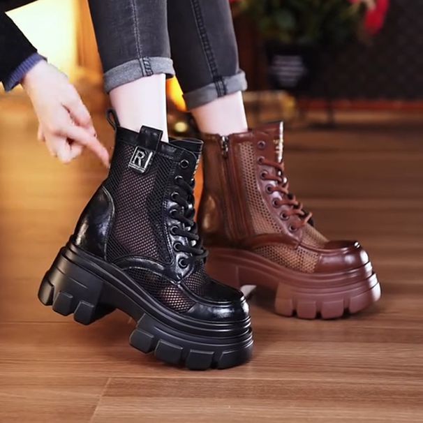Genuine Leather Mesh Hollow Martin Boots For Women 9CM Spring Summer New Breathable Petite Thick Sole Versatile Sandals_vogvips.com