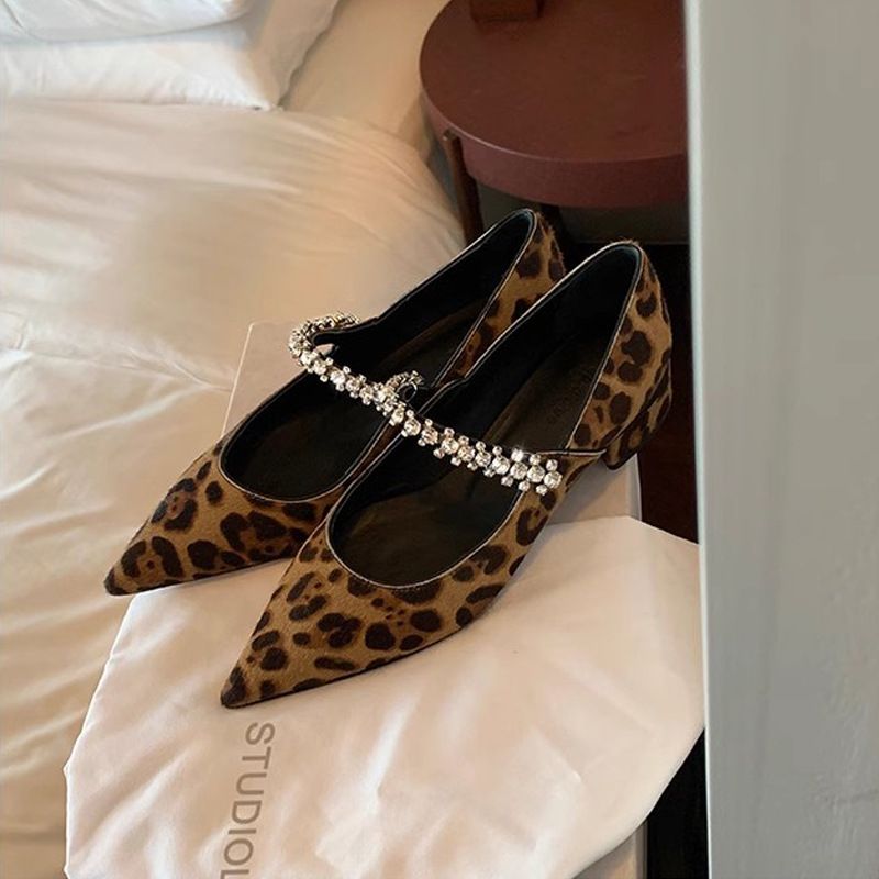 Women's Shoes Elegant Small Pointed Toe Sparkling Diamond Strap Versatile Leopard Print Shallow Mouth Small Thick Heel Single Shoes For Women Spring_vogvips.com