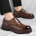Men's Thick Sole Leather Shoes With Brogue Pattern Comfortable Low Lace-up Round Toe Dress Shoes_vogvips.com