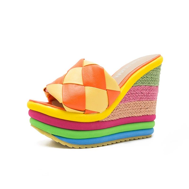 Women's Shoes New Style Wedge Heel Rainbow Slippers Outdoor High Heel Women's Sandals Large Size Slippers Women_vogvips.com