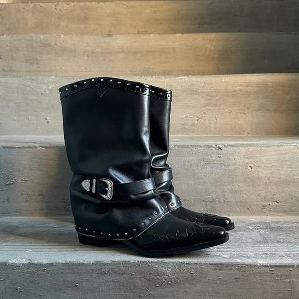 Punk Boots For Women - Chunky Heel Pointed Toe Studded Combat Boots With Buckle Details, Mid-Calf Height, All-Season Wear_vogvips.com