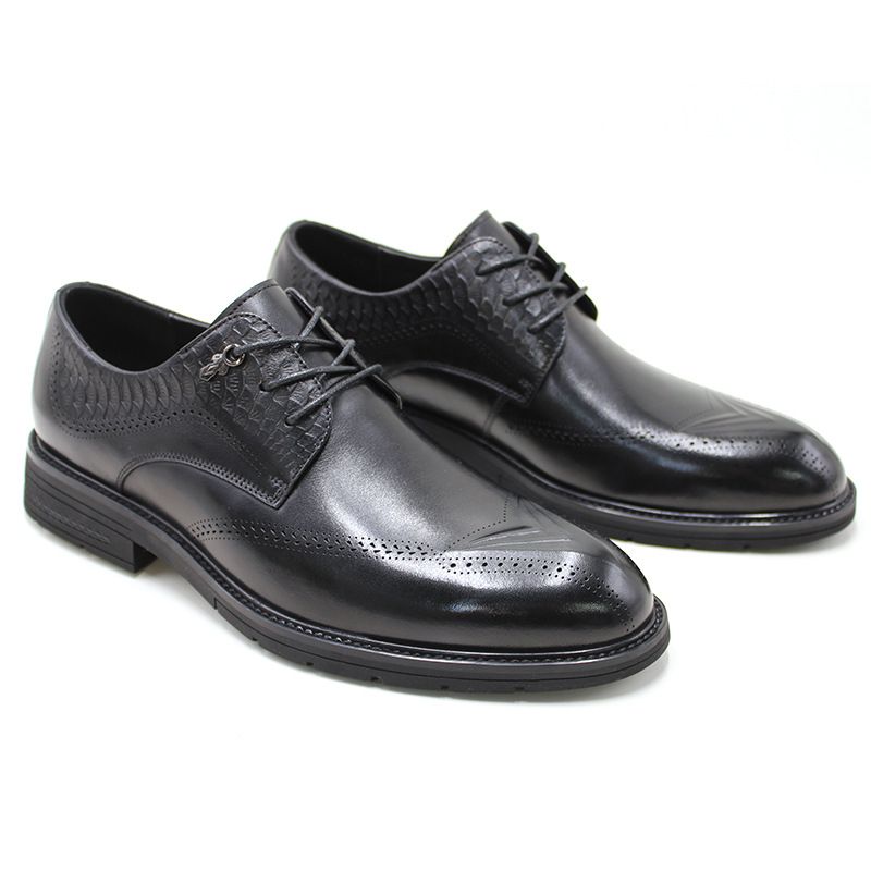 Summer leather Men's leather men's shoes Business dress men's leather shoes High-end head layer cowhide Brock carved Derby shoes_vogvips.com