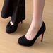 New Black Suede Platform Round-toe Low-heeled High-heeled Shoes For Women. Unique And Exquisite For Casual Office Wear, Highly Versatile_vogvips.com