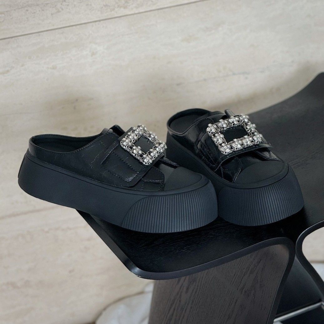 Newan-Style Genuine Leather RhinestNewe Platform Thick-Soled Closed-Toe For Women, Casual Slip-New Mules_vogvips.com
