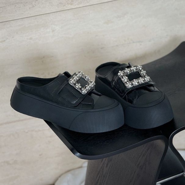 Newan-Style Genuine Leather RhinestNewe Platform Thick-Soled Closed-Toe For Women, Casual Slip-New Mules_vogvips.com