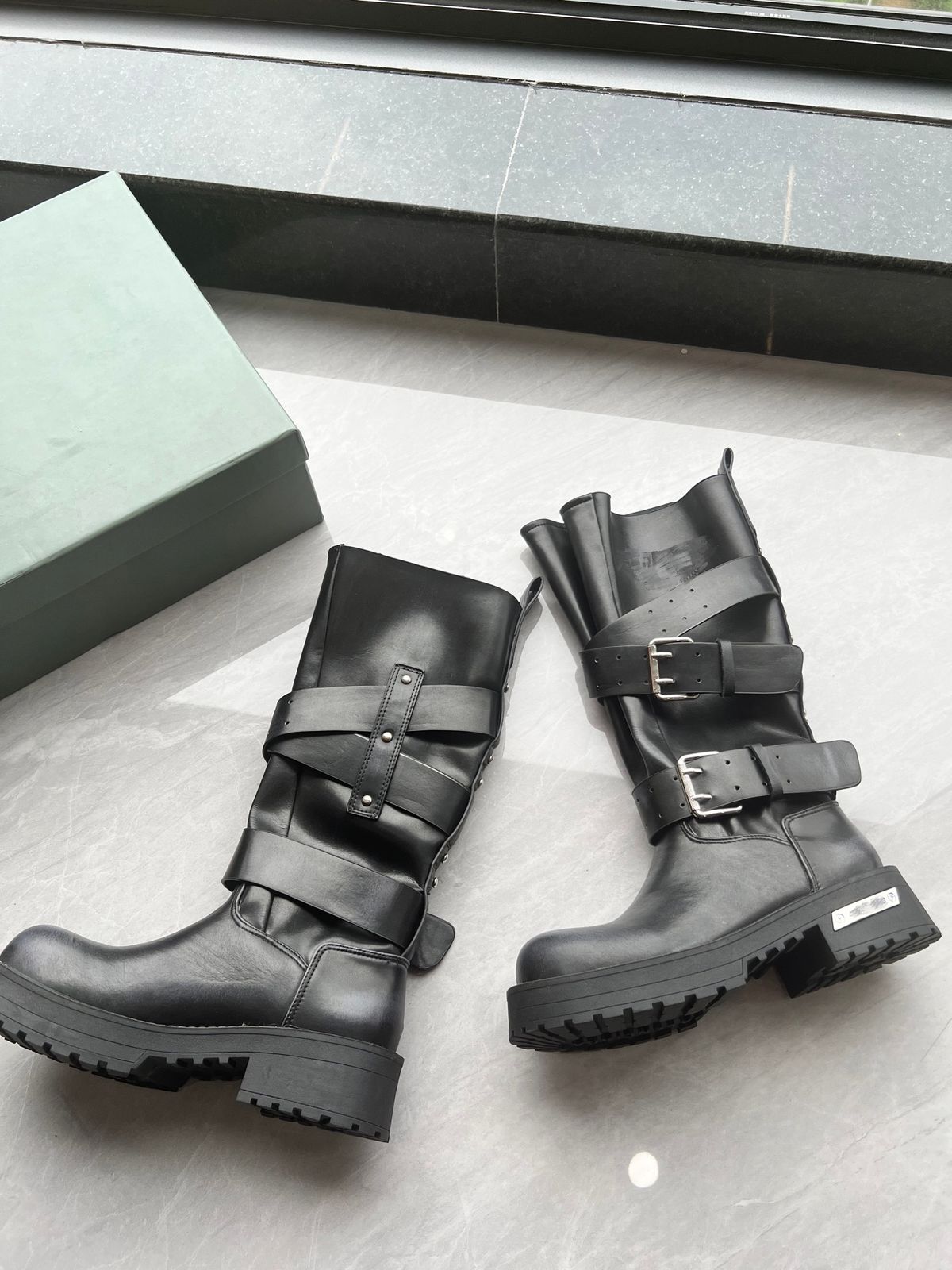 2025 Autumn And Winter New Thick Heel High Top Long Boots For Women, Second Layer Cowhide, Medium Heel, Belt Buckle, Motorbike Boots_vogvips.com