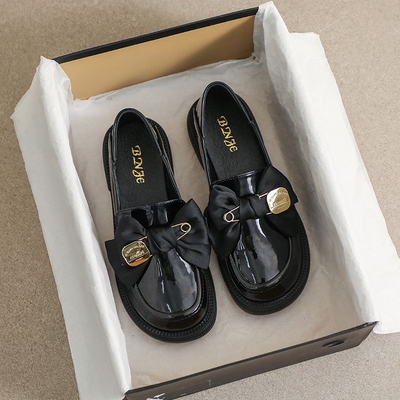 Women S Thick Soled Loafers For Spring And Autumn Retro British Style Small Leather Shoes With Black Bows Soft Sole_vogvips.com