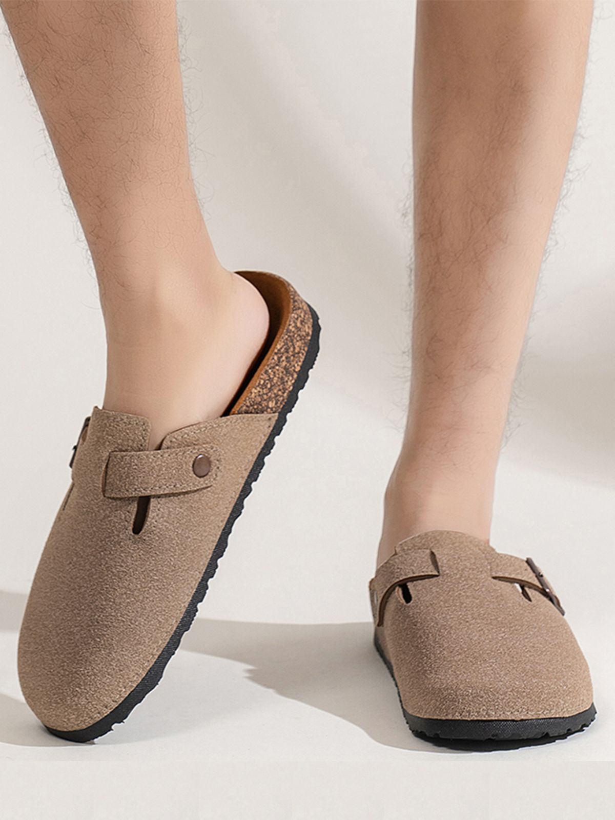 Men's Mule Shoes, New Spring Vintage Slip-On Casual Loafers With Pu Upper, Cork Grain Closed-Toe Half-Slippers, Flat Slippers With Adjustable Buckle_vogvips.com