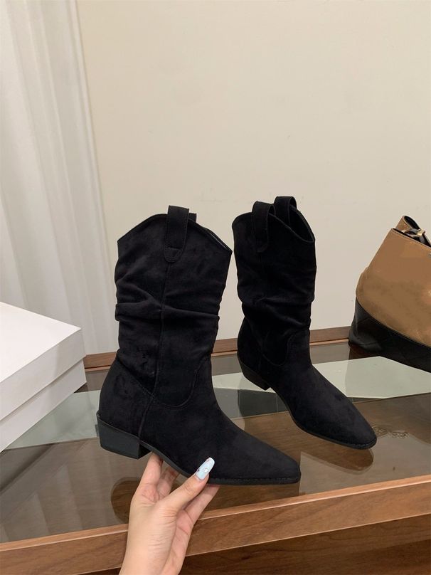 Chunky-heeled Suede Mid-calf Knight Boots For Women, Slim Short Boots For Autumn And Winter 25_vogvips.com