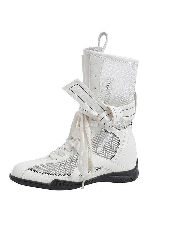 Women Boxing Boots Instant Dispatch ~ Niche Design Thin Mesh For Women Summer Outdoor Wear Height Increasing Boxing Boots Lace-Up Hollow_vogvips.com