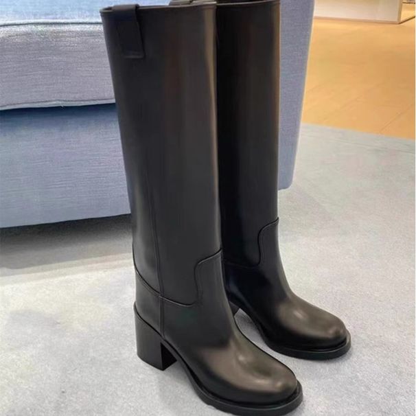Top Quality Brown Black Chunky Knee Fashion Knight Boots High Heels Long Leather Slip On Designer Tall Boots For Womens No Box_vogvips.com