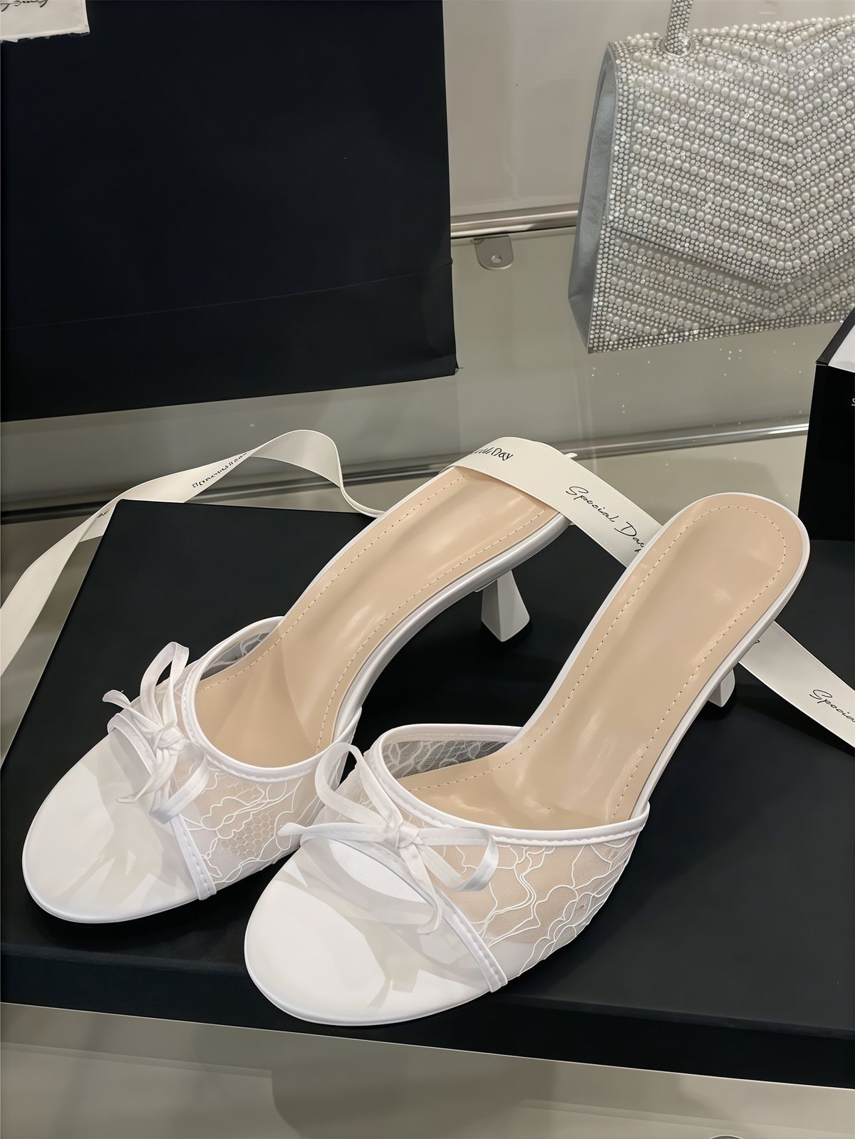 Chuyuji 2026 Summer New Mid-Heel Lace Stiletto High-Heel Mesh Bowknot Sandals Round-Toe Slip-Ons_vogvips.com