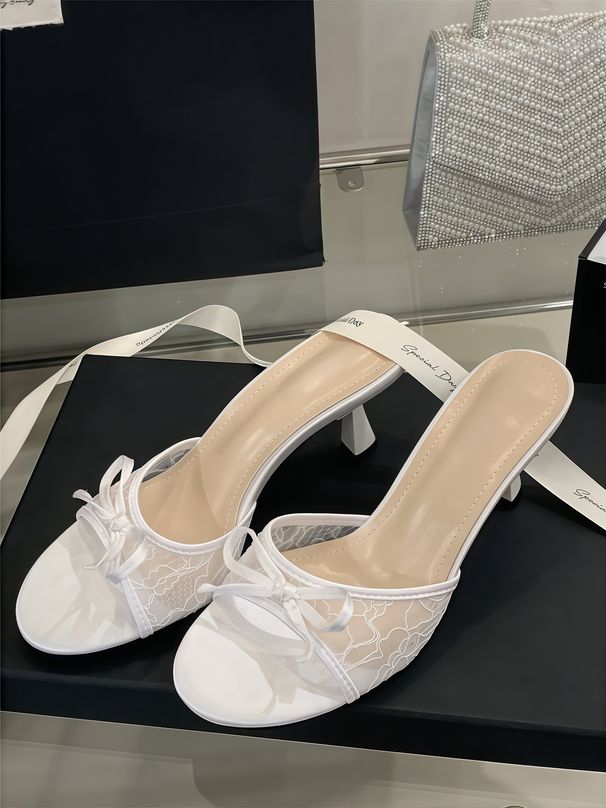 Chuyuji 2026 Summer New Mid-Heel Lace Stiletto High-Heel Mesh Bowknot Sandals Round-Toe Slip-Ons_vogvips.com