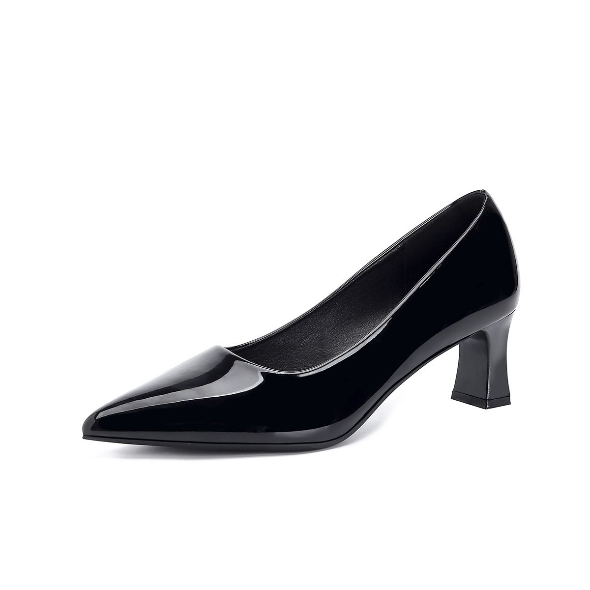2025 Elegant Pointed Toe, Shallow Toe High Heels, Patent Leather, Thick Heels, Fashionable Black High Heels, Rubber Anti-slip Soles, Women's Shoes_vogvips.com
