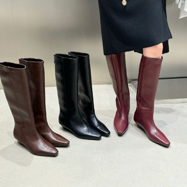 Inner Height Increase Pointed Toe Brown Melad Mid-Calf Riding Women's Shoes 2025 New Autumn Winter Long Boots_vogvips.com
