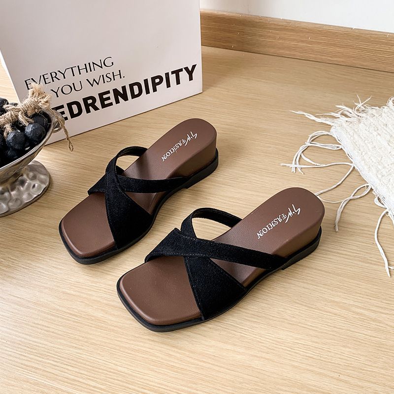 French-style Chunky Cross-strap Open-toe Slip-on For Women, 2026 Summer New Leopard Print Wedge Heel Beach Sandals_vogvips.com