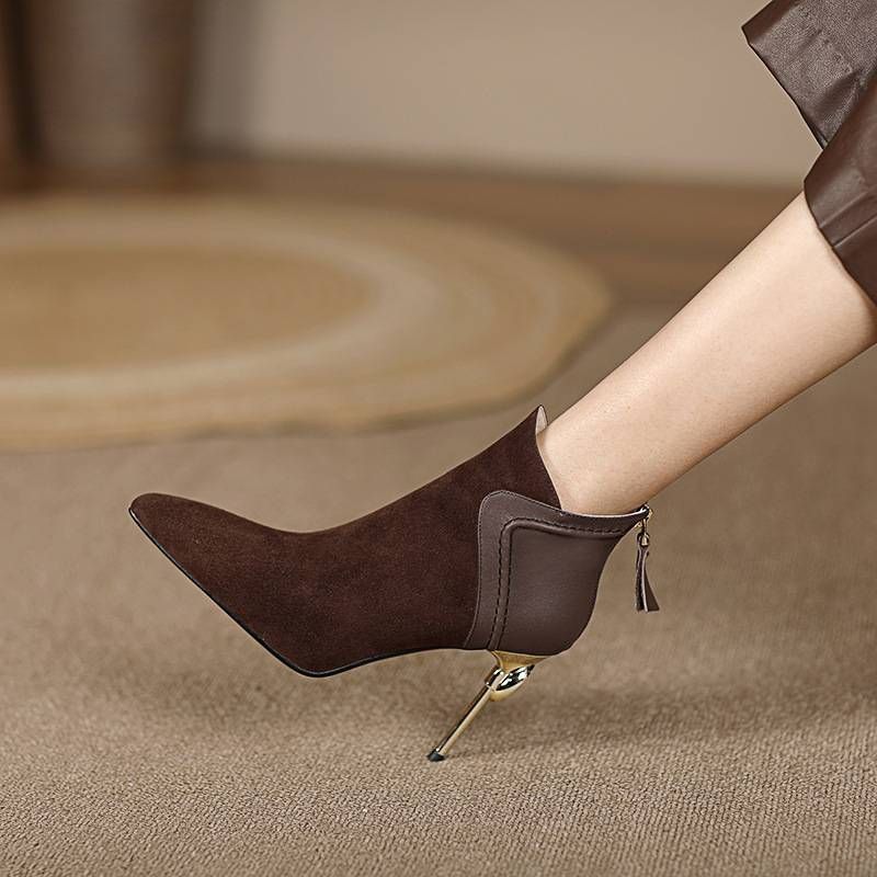 Pointy short boots for women slim heels 2024 autumn and winter new temperament high heel short boots for women grinding leather splicing naked boots_vogvips.com