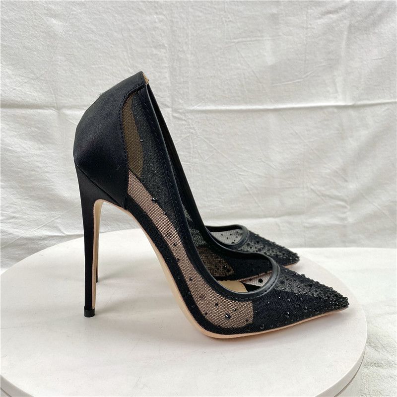 Size33-46 Women's Shoes Breathable Mesh Diamond High Heels 12CM Pointed Toe Stiletto Shallow Mouth Women's Shoes_vogvips.com