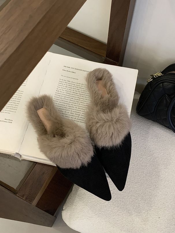 Fall/Winter 2025 New Style Pointed Toe Furry Warm Thin High Heel Mules For Women, Versatile Slip-On Shoes_vogvips.com