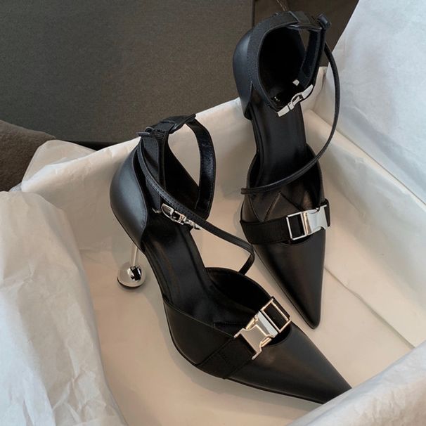 Huidong Women's Shoes Wholesale Pointed Toe High Heels 2021 New Summer Hollow Black Irregular Heel One-Piece_vogvips.com