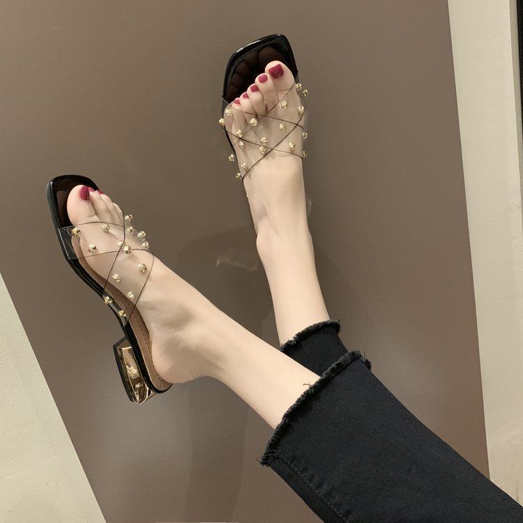 Plus Size Women's Shoes 41-43 Transparent Cross For Women Outdoor Fashion Studded Chunky Low Heel Slip-On Sandals 42_vogvips.com