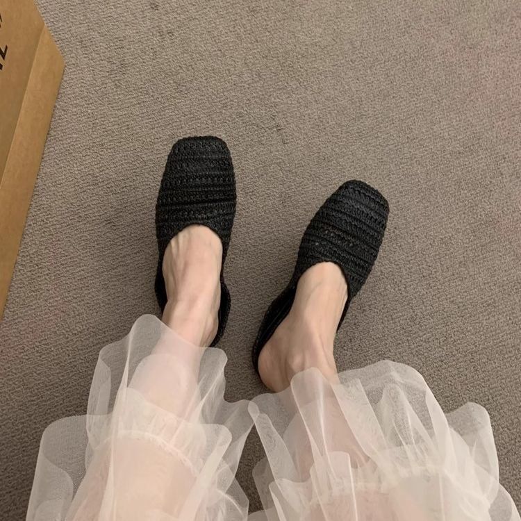 French Style Vacation Woven Niche Half Slippers For Women Outdoor 2025 Spring Summer Dress Evening Wind Closed-Toe_vogvips.com