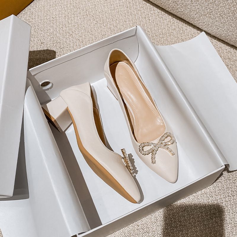Women's Shoes Mid Heel Versatile Rhinestone Pumps Lady Formal Shoes For Wedding & Party Shoes Pearl & Rhinestone Butterfly Decor_vogvips.com