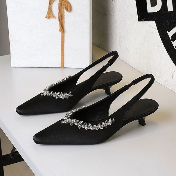 Pointed Low-heeled Shoes, Light-mouth Back Strap, Satin Women's Shoes, Rhinestone Chain, Empty Wine Glass And Comfortable Single Shoes._vogvips.com