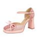 9899-H116 Women's Chunky Heel High Heels With Waterproof Platform, Suede Bow, Square Toe, Versatile Single Strap Hollow_vogvips.com